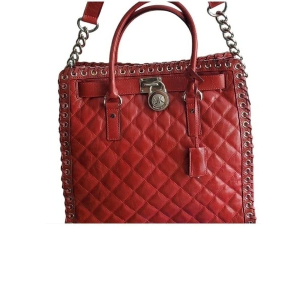 Michael Kors Hamilton Quilted Satchel Shoulder Crossbody Bag Red Leather